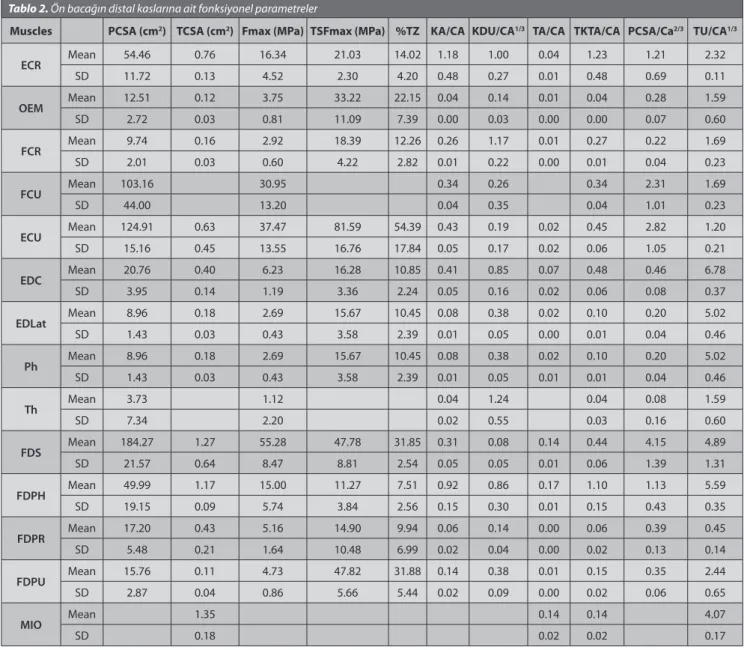 Table 2. Functional parameters of distal muscle of front leg Tablo 2. Ön bacağın distal kaslarına ait fonksiyonel parametreler