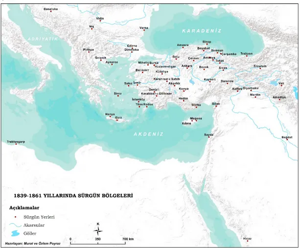 Şekil 1: Abdülmecid döneminde seçilen sürgün yerleri haritası 
