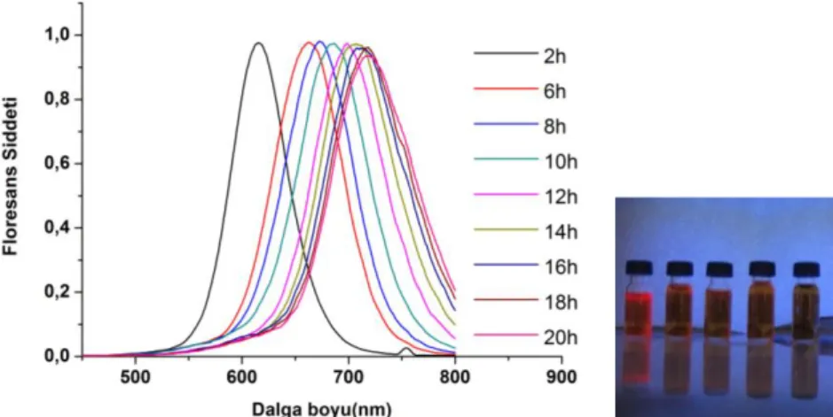 Şekil  3.  MPA  kaplı  CdTeS  alaşım  nanokristallerinin  optik  floresans  spektrumları  ve  UV  lamba  altındaki  emisyon renkleri