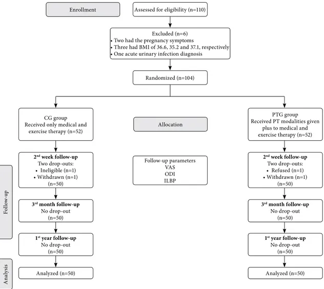 Figure 1. Flow diagram.  BMI: Body mass index; CG: Control group; PTG: Physiotherapy group; VAS: Visual Analog Scale; 