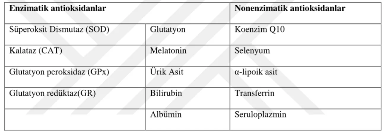 Tablo 1. 9. Endojen Antikosidanların Sınıflandırılması 