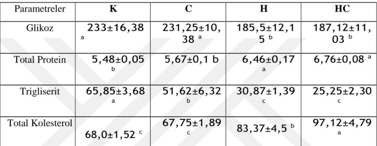 Çizelge 3.1.1. Tüm gruplara ait plazma ortalama glikoz (mg/dl), total protein (g/dl),  trigliserit (mg/dl) ve kolesterol (mg/dl) değerleri (xx±SEM, n=8).