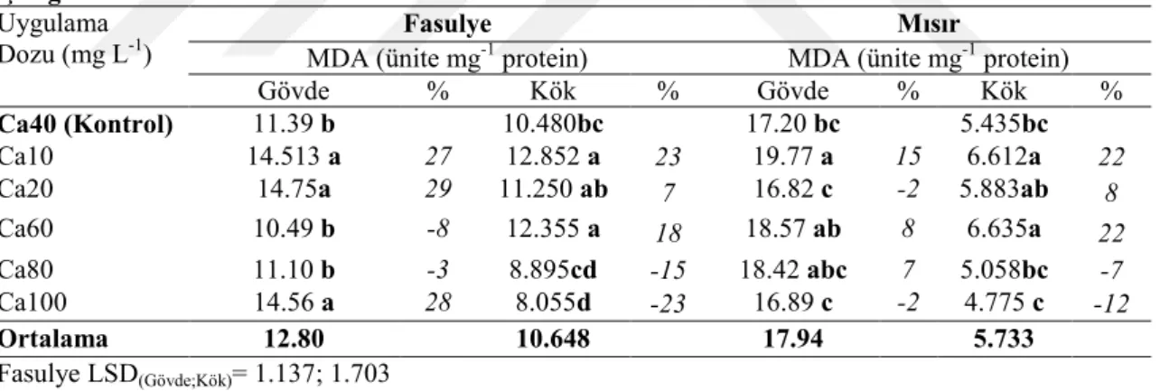 Çizelge  9.2.  Kalsiyum  uygulamasının  fasulye  ve  mısır  bitkilerinin  gövdesinin  ve  kökünün  MDA  içeriği üzerine etkisi 