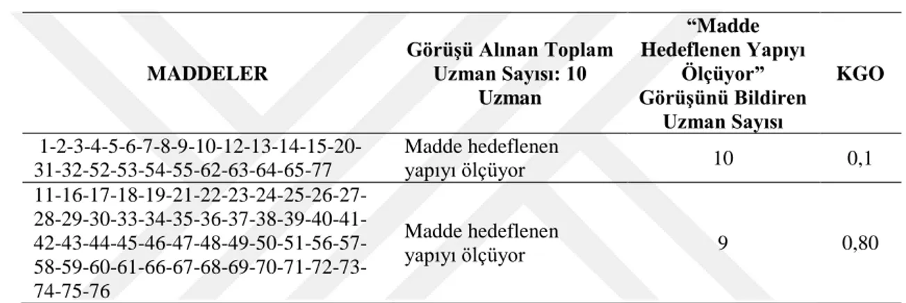 Çizelge 2.2. Madde havuzundaki her bir maddenin kapsam geçerliliği.  