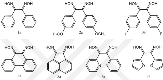 Şekil 4.1: Sentezlenen 1,2-diketon türevi aromatik dioksimler ve kodları.