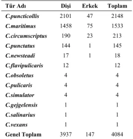 Tablo 1. Konya’da tespit edilen Culicoides türleri  Tür Adı Dişi Erkek Toplam 