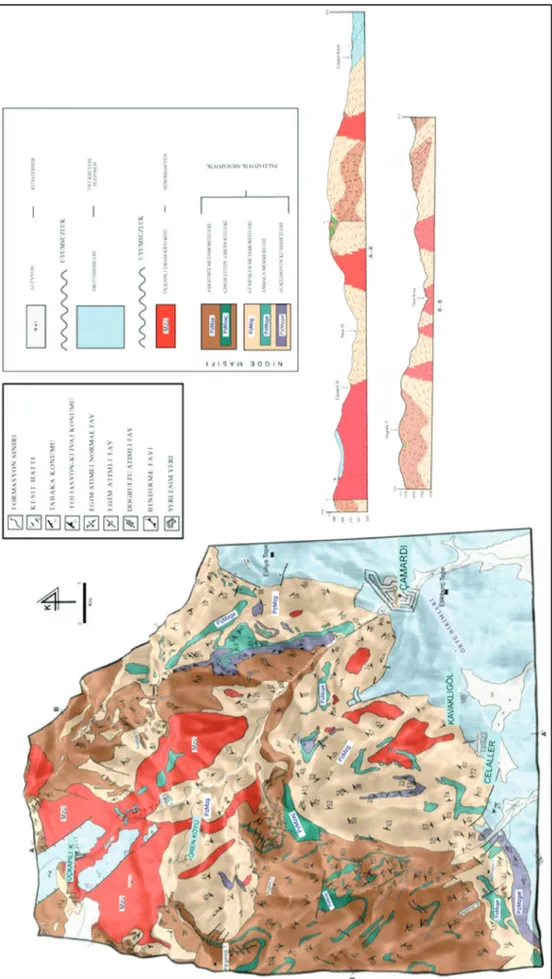 Şekil 2- Çalışma alanının jeoloji haritası ve enine jeolojik kesitler (Demircioğlu, 2001).