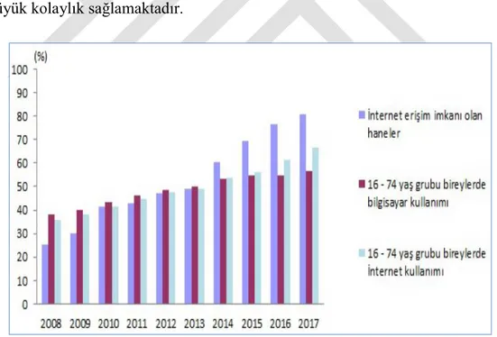 ġekil 2: Türkiye’de 2008-2017 Yıllarına Ait Ġnternet ve Bilgisayar  Kullanma Oranları 