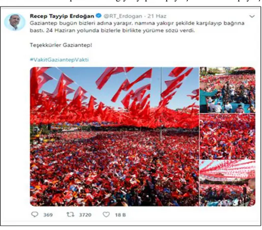 ġekil  3.4‟te  CumhurbaĢkanı  adayı  Recep  Tayyip  Erdoğan‟ın  #VakitGaziantepVakti  hastagiyle yapılan twitter paylaĢımı örnek olarak gösterilmiĢtir