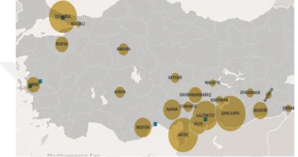 Şekil 5: Türkiye’deki Mülteci Kamplarının Bulunduğu Merkezler (Kaynak: 