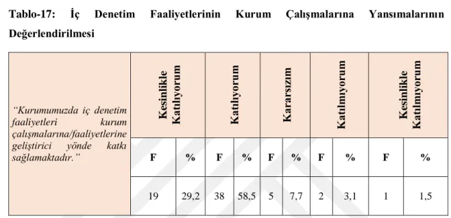 Tablo  17’de  “iç  denetim  uygulamalarının  kurumun  çalışmalarına  katkı  sağlayıp  sağlamadığı”  değerlendirilmiştir