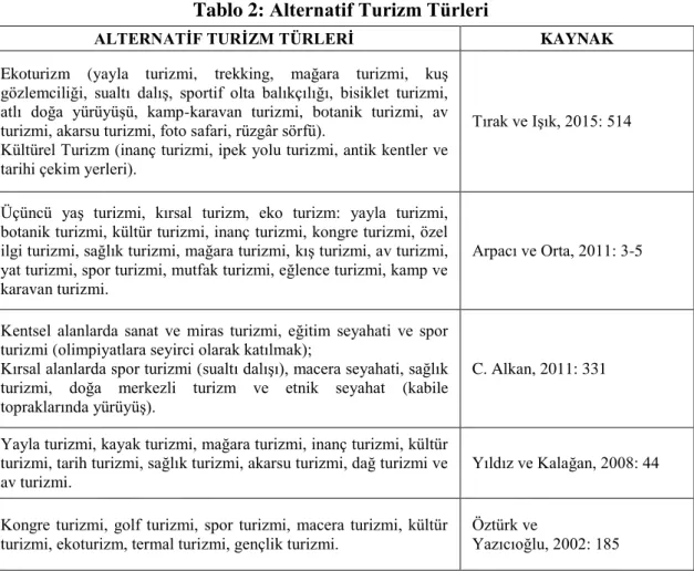 Tablo 2: Alternatif Turizm Türleri 