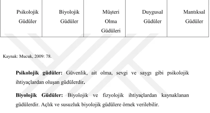 Tablo 5: Güdü ġekillerinin Sınıfları 