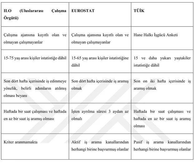 Tablo 6: Farklı Kurumlara Özgü İşsizlik Verileri Hesaplamalarında Baz Alınan  İşsizlik Kriterleri 