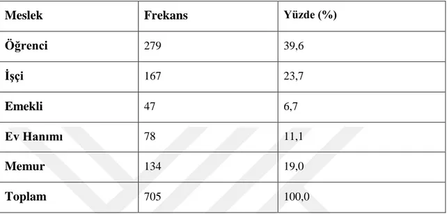 Tablo 5: Anketi Cevaplayan Katılımcıların Mesleklere Göre Dağılımı 