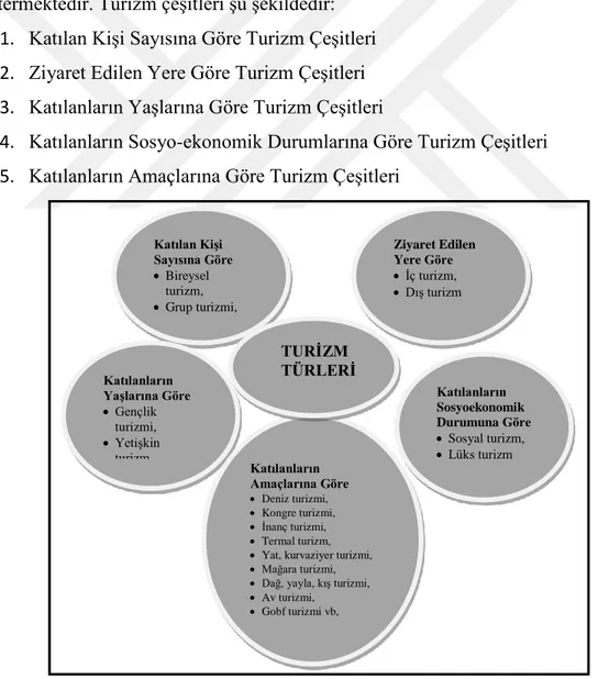 ġekil 7:  Turizm ÇeĢitleri  Kaynak: Sezer, 2010: 9.  Katılan KiĢi  Sayısına Göre Bireysel turizm,  Grup turizmi, Kitle turizmi  Ziyaret Edilen Yere Göre Ġç turizm, DıĢ turizm  Katılanların  Sosyoekonomik  Durumuna Göre Sosyal turizm, Lüks turizm Kat