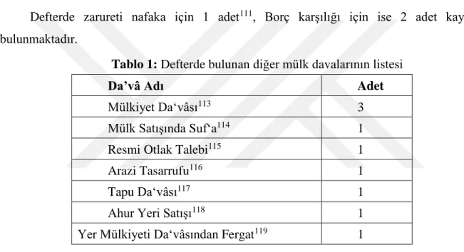 Tablo 1: Defterde bulunan diğer mülk davalarının listesi 