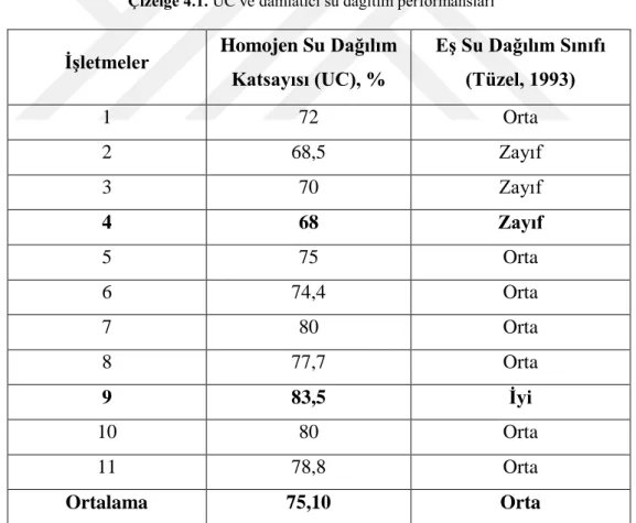Çizelge 4.1. UC ve damlatıcı su dağıtım performansları 