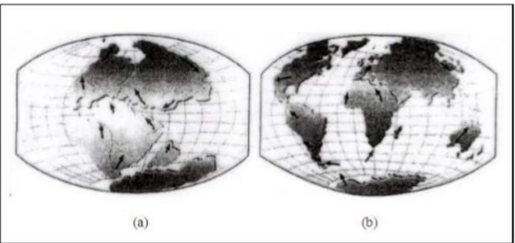 Şekil 1.1. “180 Milyon Yıl Evvelki ve Günümüzdeki Karaların Dağılışları” 