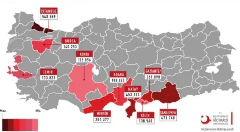 Grafik 4. Türkiye’deki Suriyeli Göçmenlerin İlk 10 İle Yoğunlaşma Düzeyi (2016), (GİGM  İstatistikler) (URL- 6) 