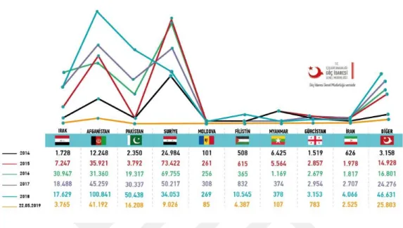 Grafik 6.  Yıllara Göre Yakalanan Düzensiz Göçmenlerin Uyruk Dağılımı (2019), (GİGM İstatistikler)  (URL- 11)