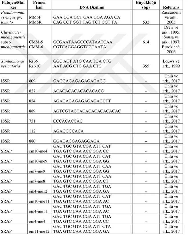 Çizelge 3.2. Domates tohumlarından izole edilen bakteriyel patojenlerin tanılanması ve  karakterizasyonunda kullanılan PCR primerleri ve özellikleri 