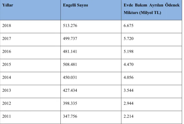 Tablo  3.5.  Evde  Bakım  Yardımından  Faydalanan  Engelli  Sayıları  ve  Ayrılan Bütçe Miktarı 