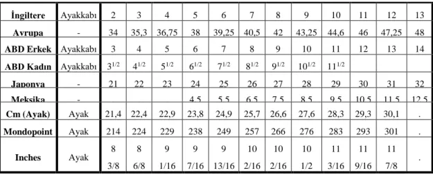 Tablo 2 Mondopoint Ölçü Sistemi 