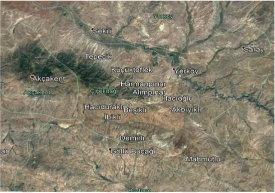 Şekil 5. Çiçekdağı ilçesi ve çalışmanın yürütüldüğü köylerin uydu görüntüsü  (Anonim, 2017)  