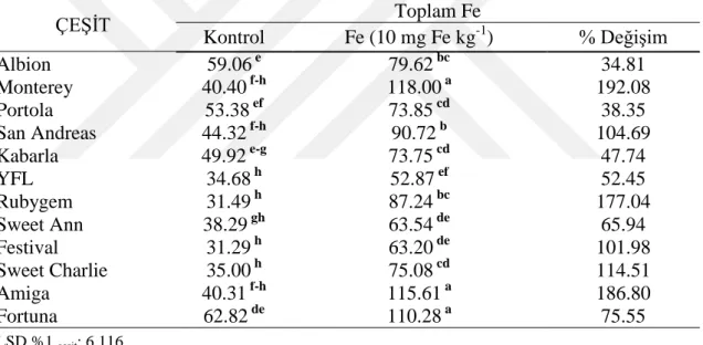 Çizelge 4. 10. Farklı çilek çeşitlerinin kontrol ve Fe (10 mg kg -1 ) uygulamalarında ilk çiçeklenme  dönemine ait toplam Fe (mg kg -1 ) değerleri 
