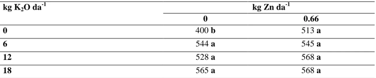 Çizelge 4.6. Artan miktarlarda K ve Zn uygulamalarının enginarda ana baş ağırlığına (g) etkileri 