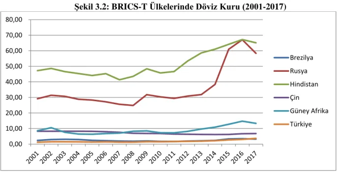 ġekil 3.2: BRICS-T Ülkelerinde Döviz Kuru (2001-2017) 
