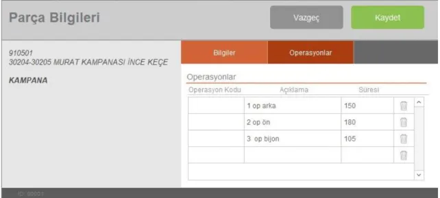 Şekil 4.9. Parça (Ürün) Operasyon Bilgileri Düzenleme Ekranı 