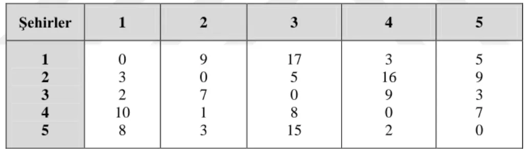 Tablo 6.1. Rastgele oluşturulan örnek veri seti üzerinde şehirlerarası uzaklık değerleri