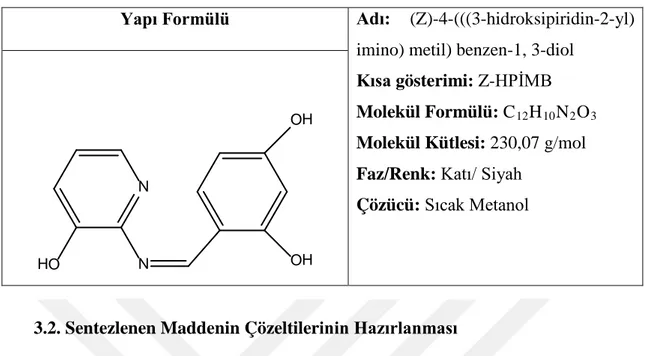 Tablo 1.2.  Çalışmada  kullanılan  (Z)-4-(((3-hidroskipiridin-2-yl) imino) metil) benzen-1, 3-diole  ait  bilgiler