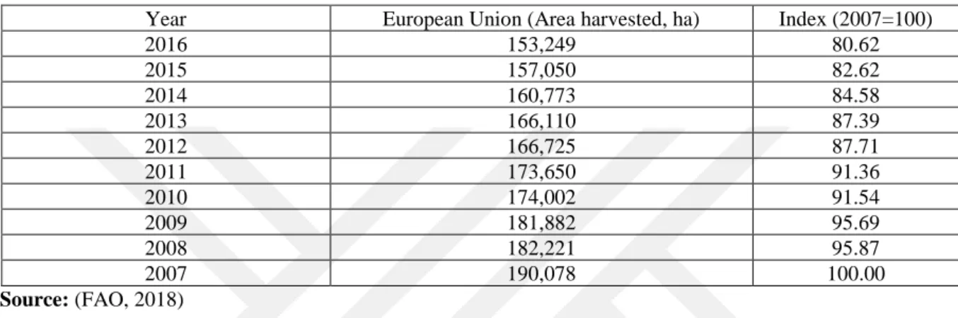 Table 5.5. The total area under plum in the European Union for the period 2007-2016 year (area in 000 ha) 
