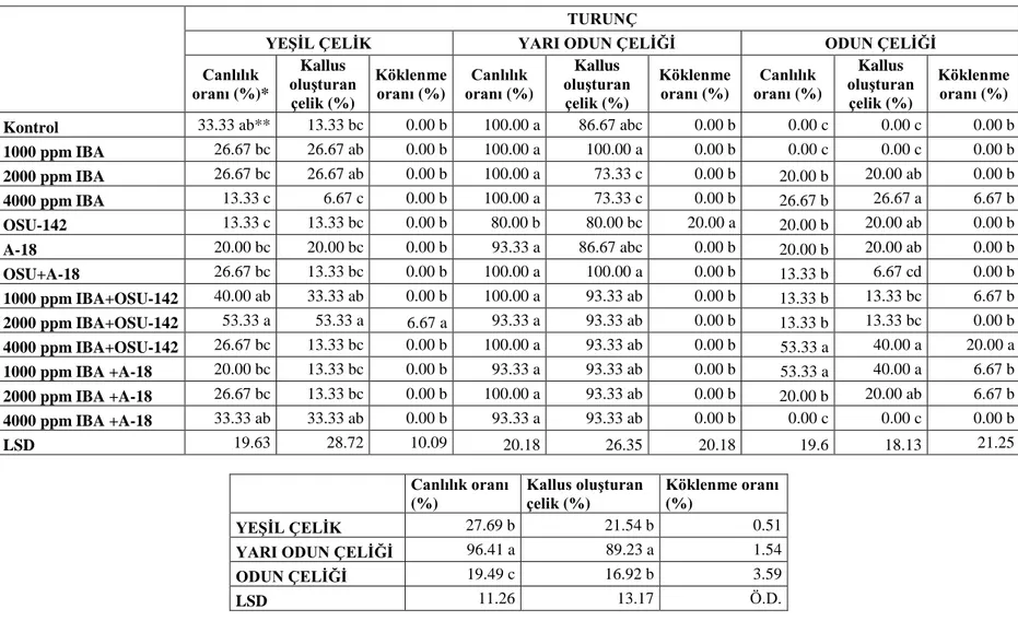 Çizelge 4.1. Bakteri ve IBA uygulamalarının turunç anacında köklenme üzerine etkileri  TURUNÇ 