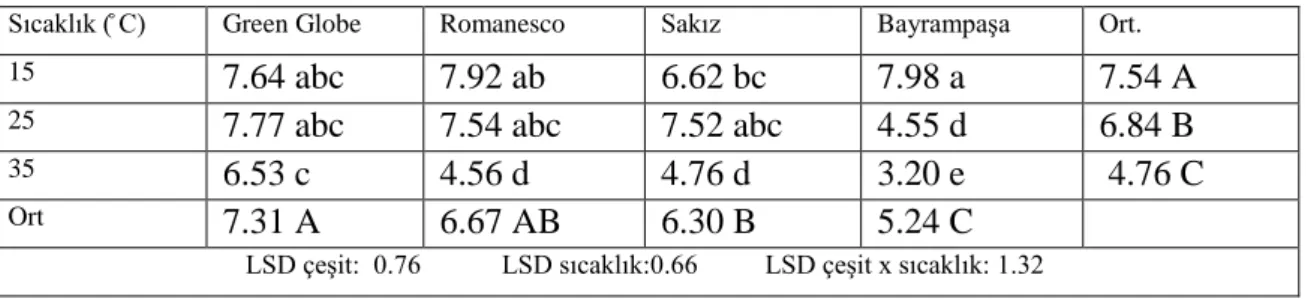 Çizelge 4.3.  Enginar Çeşitlerinde Farklı Sıcaklık Uygulamalarının Kök Uzunluğuna etkileri (cm) 