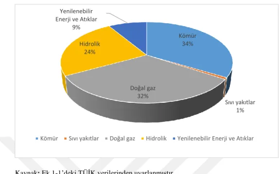 Şekil 1-12: 2016 Yılı Türkiye Elektrik Enerjisi Üretiminde Kaynaklarının Payları 