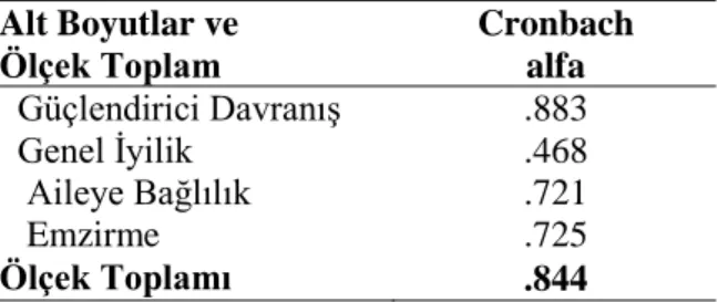 Tablo  3.  Annelerin  Doğum  Sonu  Güvenlik  Hisleri  Ölçeği  Toplam  ve  Alt  Boyutlarına  Dair  Chronbach Alpha Güvenirlik Katsayıları 
