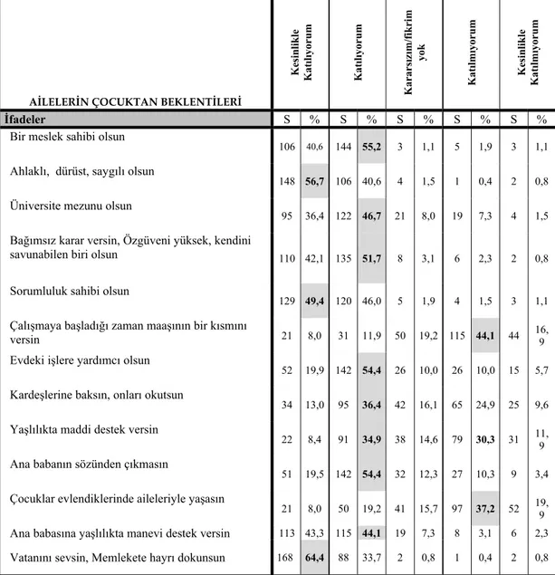 Tablo 21: Ailelerin Çocuktan Beklentilerine İlişkin İfadeler 