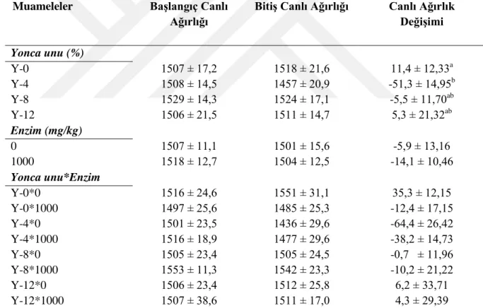 Çizelge 4.1. Yumurta tavuklarında rasyona farklı seviyelerde yonca ve enzim ilavesinin  ortalama başlangıç ve bitiş canlı ağırlıkları ile canlı ağırlık değişimine etkisi  (g/tavuk)