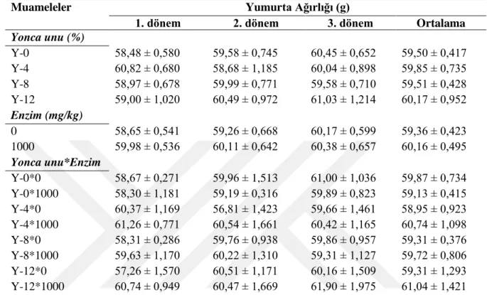 Çizelge 4.5. Yumurta tavuklarında rasyona farklı seviyelerde yonca ve enzim ilavesinin  yumurta ağırlığına etkisi 