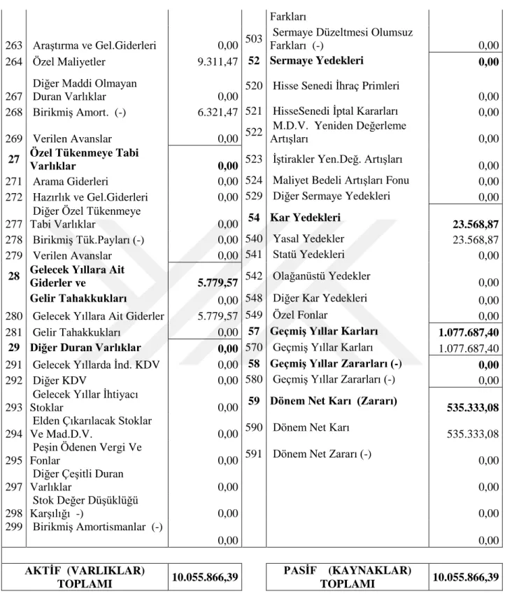 Tabi Varlıklar  0,00  54  Kar.Yedekleri 