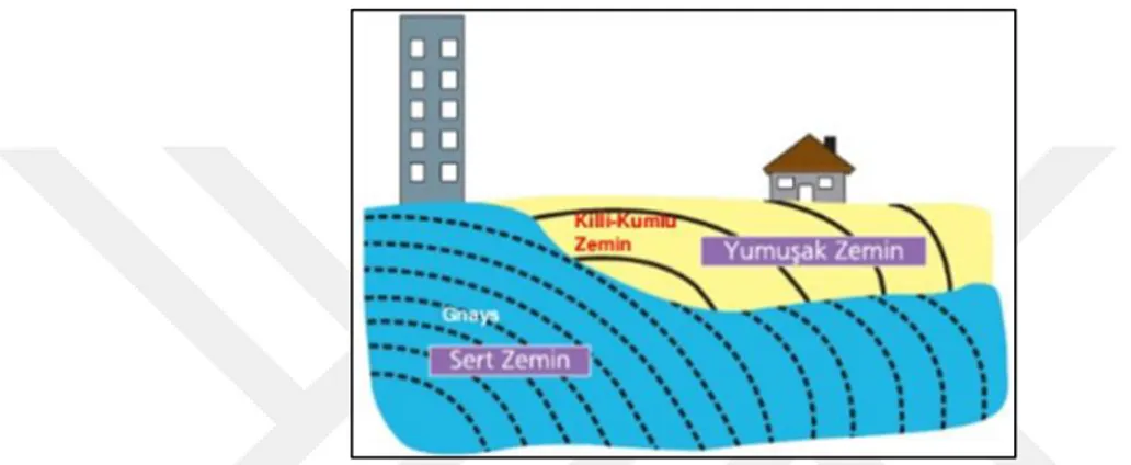 Şekil 1.3. Deprem dalgalarının farklı zeminlerde farklı davranışı (Anonim, 2017). 