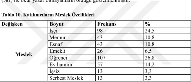 Tablo 10. Katılımcıların Meslek Özellikleri  