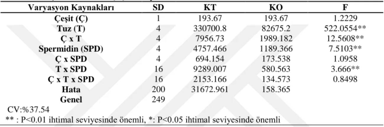 Çizelge  4.4.  Alcantara  ve  Tunca  çeşitlerinde  farklı  NaCl  ve  SPD  konsantrasyonları  içeren  ortamlardaki çimlenme hızına (%) ait varyans analiz tablosu 