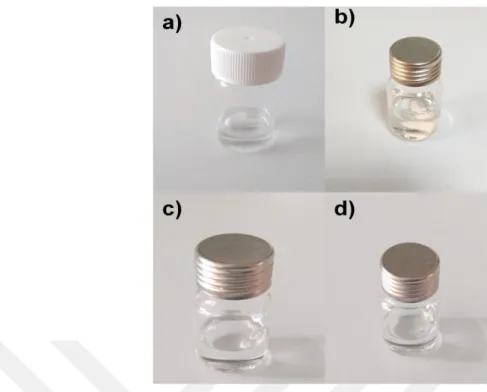 Şekil 3.2. a) 2-proponal, b) Etanol, c) kloroform, d) metanol çözücüsü içinde çözünmüş PVB solüsyonları 