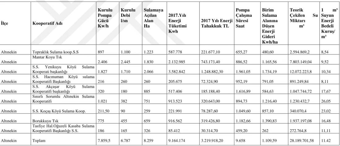 Çizelge 4.32. Altınekin ilçesi sulama kooperatifleri yeraltı suyu pompaj enerji tüketimleri ve girdi bedelleri  