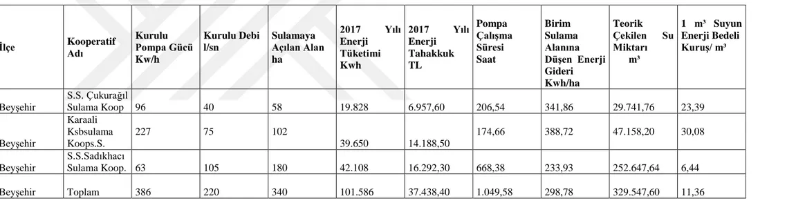 Çizelge 4.33. Beyşehir ilçesi sulama kooperatifleri yeraltı suyu pompaj enerji tüketimleri ve girdi bedelleri  